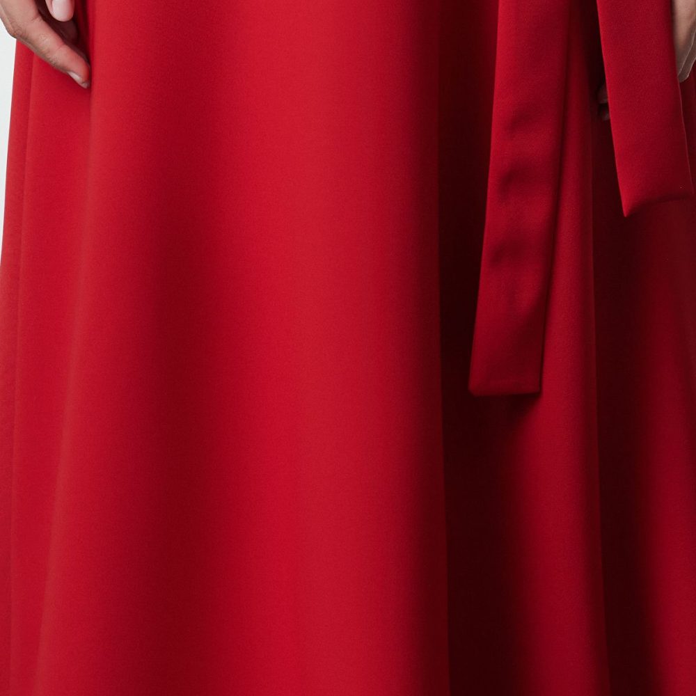 Red Belted Stand Up Neck Midi  Dress